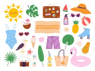Summer icons, sun, beach bag, swim suit and ice cream. Summertime vacation travel elements. Flat summer tropical seaside stickers vector set