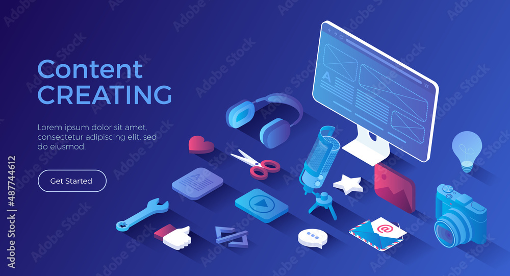 Poster content creating marketing strategy. content management and planning, analysis and optimization. iso
