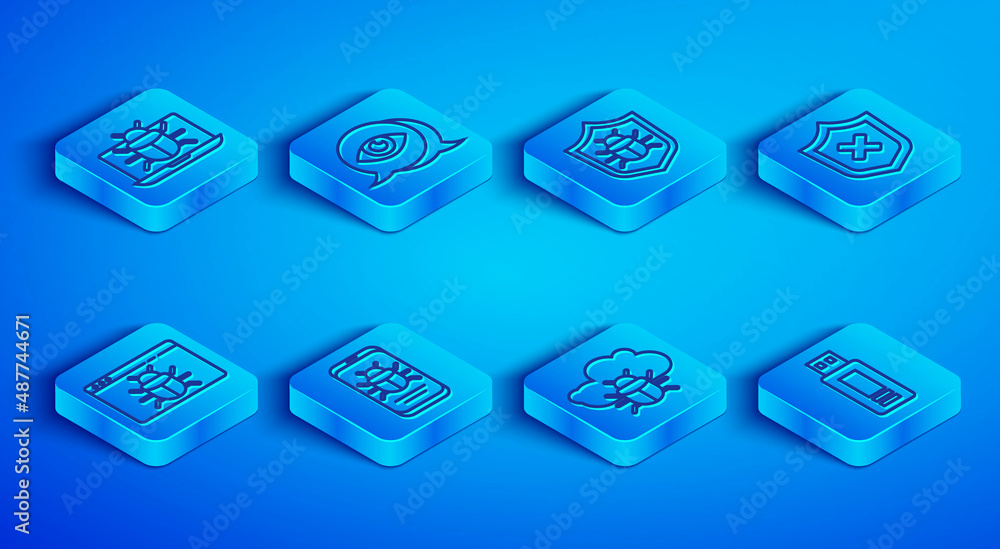Poster set line system bug on monitor, eye scan, mobile, cloud, shield with cross mark, and usb flash drive