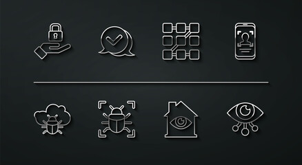 Set line Lock in hand, System bug on cloud, Mobile face recognition, House with eye scan, Check mark speech bubble, Eye and Graphic password protection icon. Vector