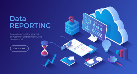 Data reporting, analysis, analytics, auditing. Data monitoring and marketing. Graphs and charts on the monitor screen. Isometric landing page. Vector web banner.