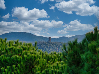 Landscape of the Tuscan countryside with the Torre di Donoratico in the background Tuscany Italy