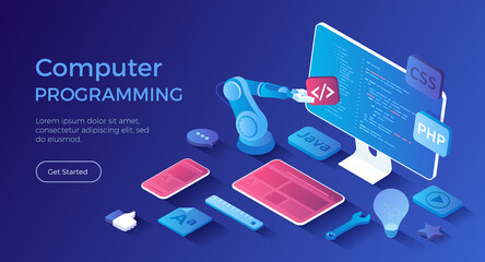 Computer programming, software, web, app development. Program code on monitor screen, website template on on tablet and phone. Isometric landing page. Vector web banner.