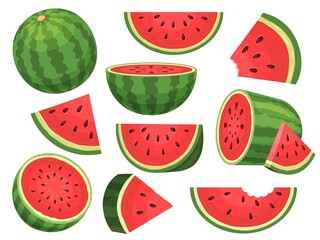 Cartoon fresh green open watermelon half, slices and triangles. Red watermelon piece with bite. Sliced cocktail water melon fruit vector set - obrazy, fototapety, plakaty