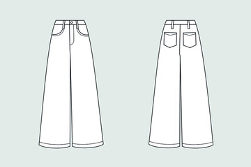 Woman trousers and flared jeans vector template isolated on a grey background. Front and back view. Outline fashion technical sketch of clothes model.