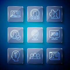 Set line Head with question mark, Users group, Resume, hunting, Location person, Create account screen, Laptop resume and Speech bubble job icon. Vector