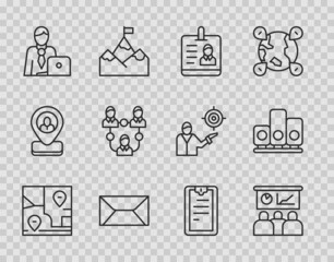 Set line Folded map with location, Training, presentation, Identification badge, Envelope, Businessman, Project team base, Clipboard checklist and Ranking star icon. Vector