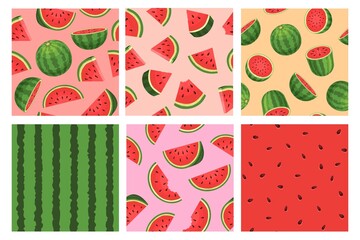 Cartoon watermelon seamless pattern, red texture with seeds. Tropic summer fruit slices and pieces. Watermelon green stripe print vector set