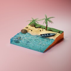 island with boat, rocks, palm trees. Traveling beach holiday. 3d rendering illustration