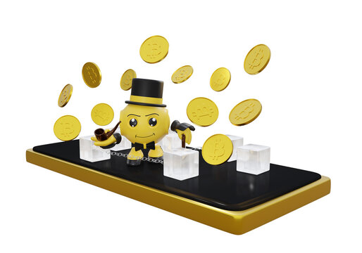 Bitcoin Münzen mit Blockchain und 3d Character. 3d Rendering
