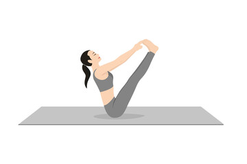 Complete Boat Pose, Naukasana, Navasana. Beautiful girl practice Paripurna Navasana. Young attractive woman practicing yoga exercise. working out, black wearing sportswear, grey pants and top, indoor