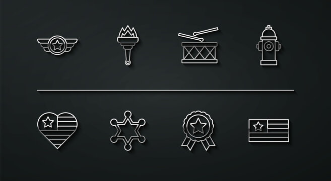 Set line Star American military, USA Independence day, Fire hydrant, Medal with star, Hexagram sheriff, Torch flame, flag and Drum and drum sticks icon. Vector