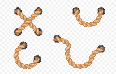 Vector set of nautical rope png. Nautical rope, whip on an isolated transparent background. Straight or twisted rope PNG. Decorative element.