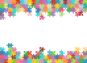 Framing made of a multi color puzzles around the white space. Place for your content. Vector abstract colorful background. 