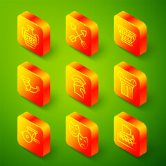 Set line Ancient amphorae, Crossed arrows, Greek ancient bowl, Hunting horn, helmet, column, chariot and Comedy and tragedy masks icon. Vector