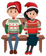 Couple man and woman wearing Christmas outfits sitting on a bench