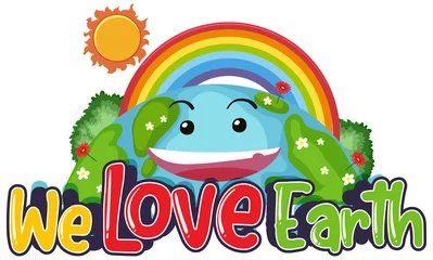Fotobehang We love earth typography logo with smile earth and rainbow © brgfx
