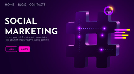 Cyber hashtag symbol. Social media marketing concept. Landing page