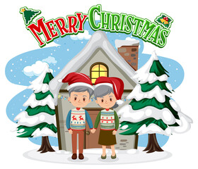 Merry Christmas with elderly couple standing in front of a snow house