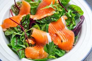 salmon salad boiled egg, green leaves lettuce fresh meal food diet snack on the table copy space food background 