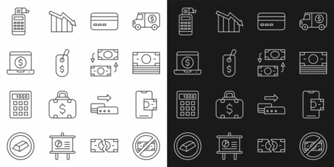 Set line No money, Mobile banking, Stacks paper cash, Credit card, Price tag with dollar, Laptop, Cash register machine and Money exchange icon. Vector