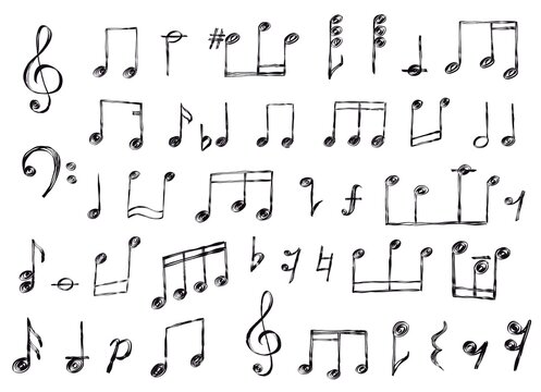 Sketch musical notes, rest, treble and bass clef. Grunge scribble music sign elements. Song or melody notation doodle note symbol vector set