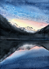 Watercolor illustration of a landscape with mountain lake under a night starry sky with snow-capped distant mountains