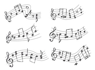 Sketch curved musical staff with notes, clefs and signs. Melody, tune or song sound waves with chords. Doodle music sheet lines vector set