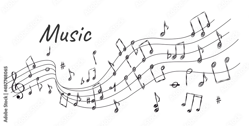 Wall mural sketch melody background with music stave wave, notes and signs. doodle curved song line. sound harm