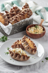 Traditional Finnish pastry - Karelian rye pie with rice porridge