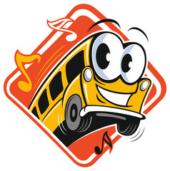 Vector school bus cartoon style character with music notes on red background, vector logo design concept.