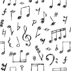 Doodle music notes, signs and clefs, melody seamless pattern. Hand drawn sketch song sound symbols wallpaper. Musical notation vector print