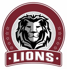 Lion head vector logo, badge, sticker, emblem with circle ring frame.
