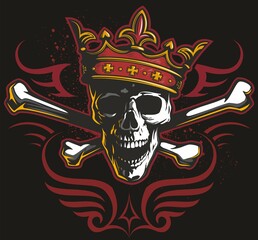 Vector vintage style skull in the dark, with king crown, crossbones and tribal ornament, isolated on black background.