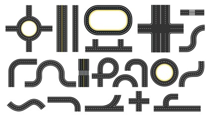 City road and highway top view, elements for map. Crossroads, motorway bend, twists and traffic circles. Street roads plan kit vector set © Tartila