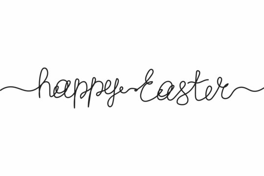 Vector abstract continuous one single simple line drawing icon of calligraphy hand lettering text happy easter in silhouette sketch.