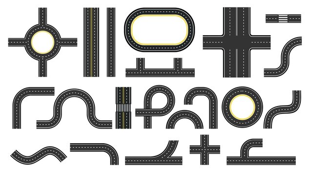 City road and highway top view, elements for map. Crossroads, motorway bend, twists and traffic circles. Street roads plan kit vector set