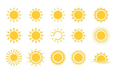 Fototapeta Sun icon set. Vector flat design. Collection of sun stars for use in as logo or weather icon. Yellow suns circles, bright natural lighting objects. obraz