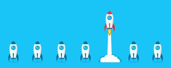Rocket. Startup. Rocket launch. Spaceship. Launch and development of a business project. Innovative product, creative idea. Flat style. Vector illustration