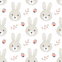 Cute cartoon rabbit with floral elements. Seamless pattern. Can be used for wallpaper, fill web page background, surface textures