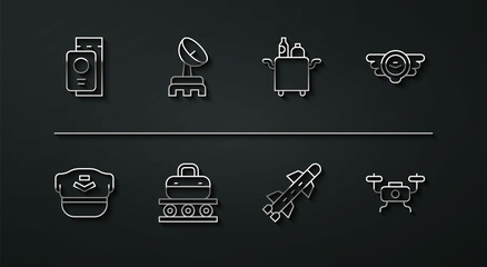 Set line Passport with ticket, Pilot hat, Aviation emblem, Rocket, Conveyor belt suitcase, Radar, Drone flying and Trolley for food icon. Vector