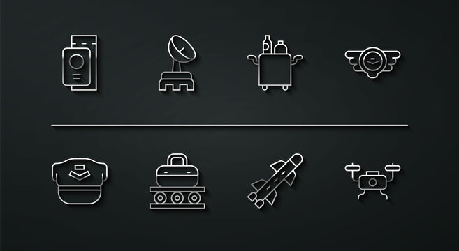 Set line Passport with ticket, Pilot hat, Aviation emblem, Rocket, Conveyor belt suitcase, Radar, Drone flying and Trolley for food icon. Vector