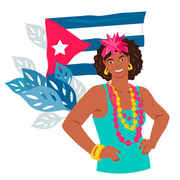 Cuban woman at backdrop of Cuba national flag. Native or inhabitant of Cuba female character, flat cartoon vector illustration isolated on white background.