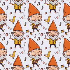 Cute seamless pattern with gnomes, stars, bird and heart.