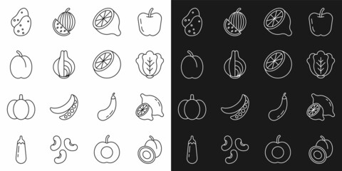 Set line Plum fruit, Lemon, Cabbage, Onion, Potato and Orange icon. Vector