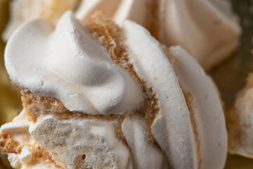 Close up of  French Meringue sweet texture made with whipped eggs .