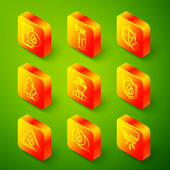 Set line Phone with emergency call 911, Fire extinguisher, protection shield, Burning forest tree, Firefighter, flame triangle and Telephone icon. Vector