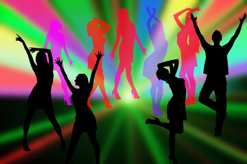 Silhouettes of young people dancing in a disco on the background of a laser show.