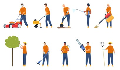 Fototapeta na wymiar Flat garden workers with equipment trimming tree and grass. Professional lawn mowing and care maintenance. Gardeners with tools vector set