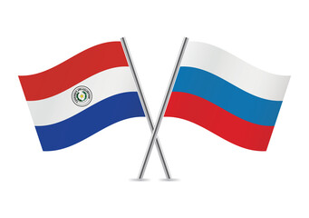 Paraguay and Russia crossed flags. Paraguayan and Russian flags, isolated on white background. Vector icon set. Vector illustration.